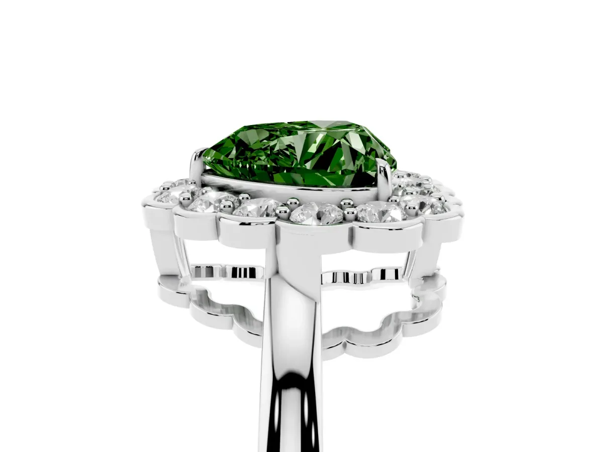 Fancy Green Heart Cut Halo Cluster Diamond Engagement Ring with Solitaire Band and Prong Setting Silver