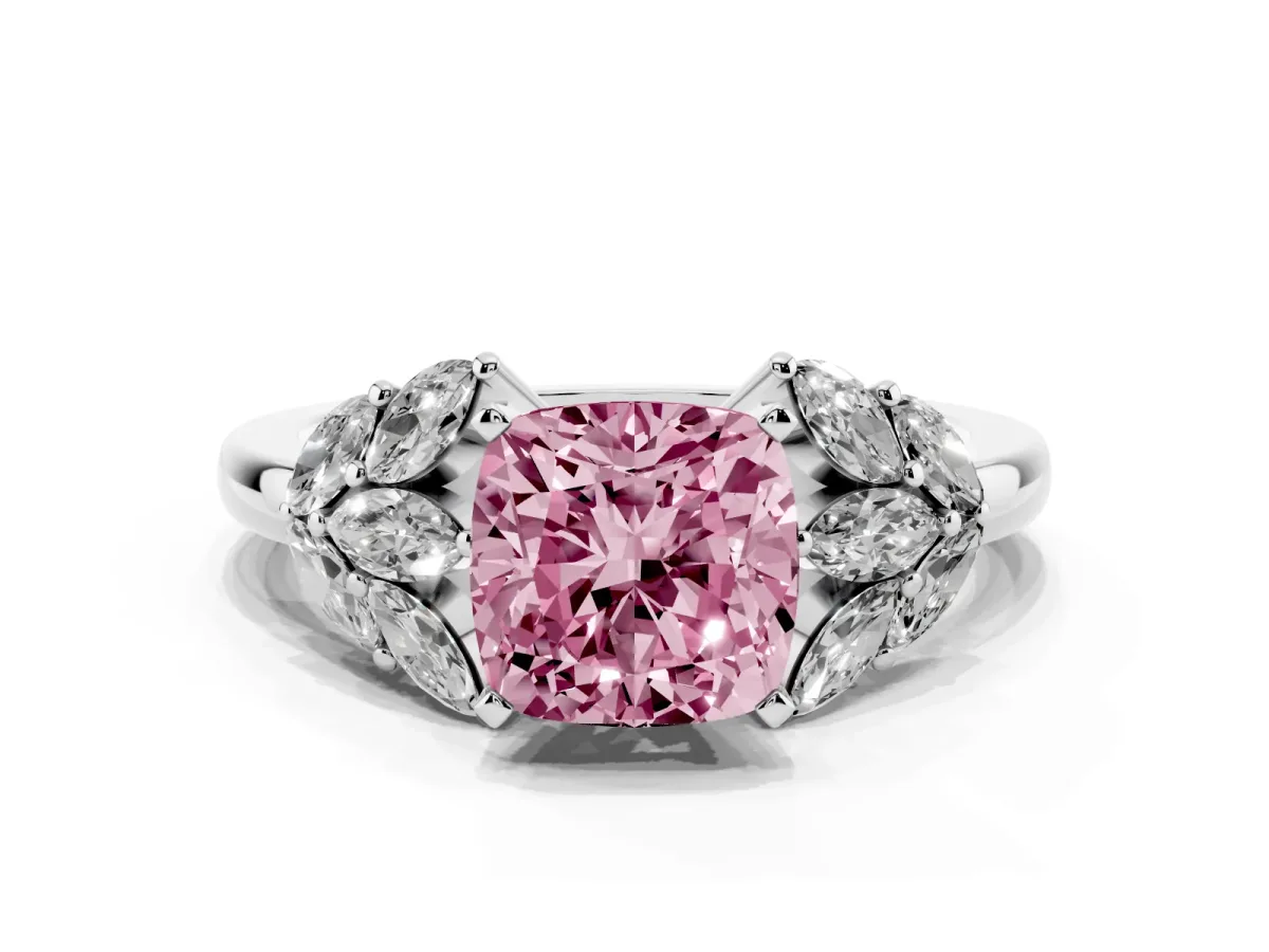 Fancy Pink Cushion Cut Diamond Cluster Leaf Design Ring with Prong Setting White gold