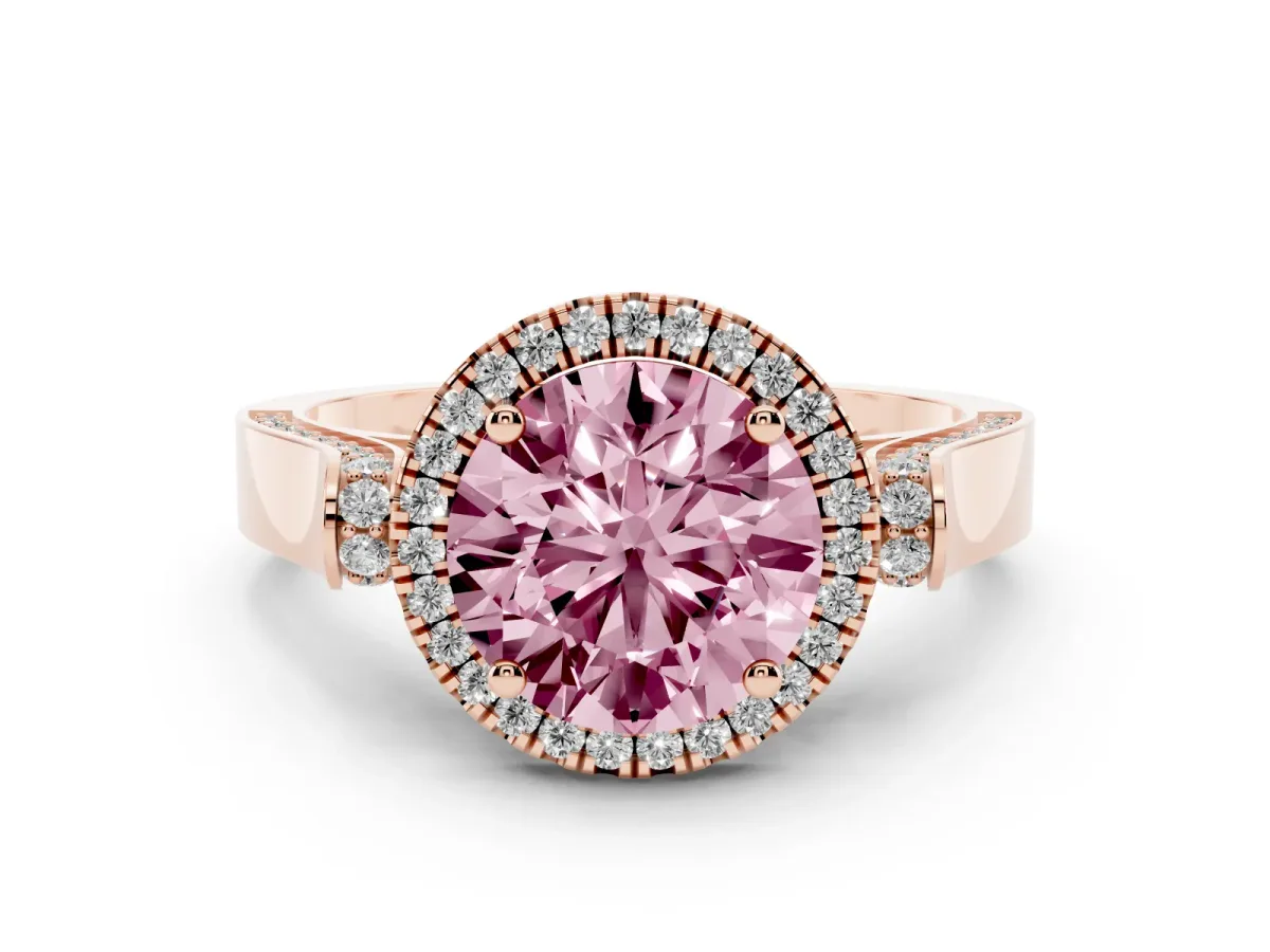 Fancy Pink Round Cut Halo Pave Split Shank Prong Setting Ring Rose gold