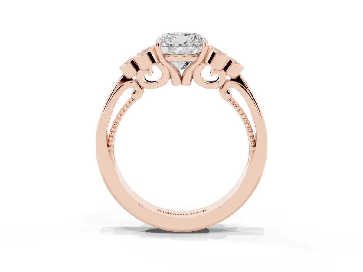 Cushion Cut Cut Diamond Engagement Ring with Bezel Set Round Side Stones and Prong Setting Rose gold