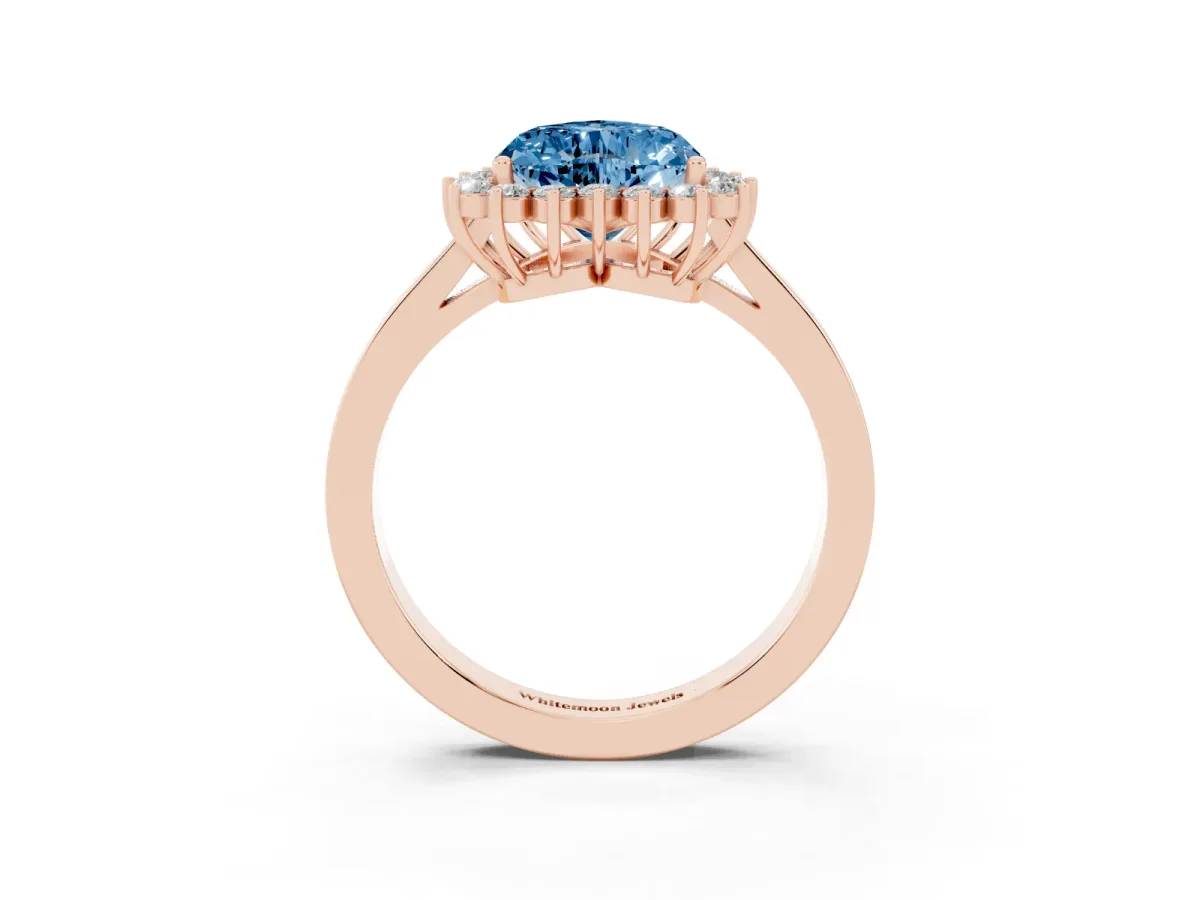 Fancy Blue Heart Cut Cut Diamond Halo Ring with Round Brilliant Halo and Solitaire Band Rose gold