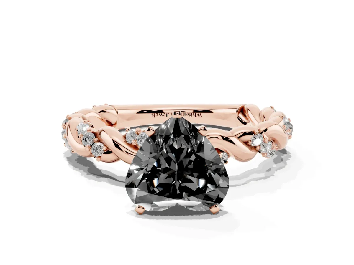 Fancy Black Heart Cut Diamond Solitaire Ring with Twisted Band and Pavé Accents Rose gold