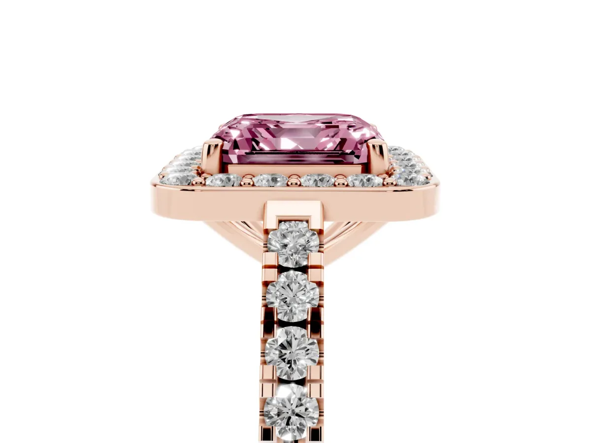 Fancy Pink Asscher Cut Diamond Halo Ring with Round Pavé Split Shank and Prong Setting Rose gold