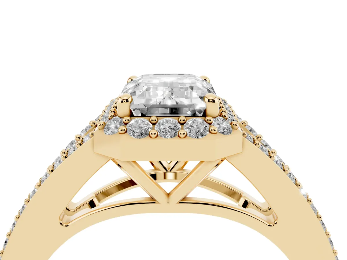 Emerald Cut Halo Split Shank Diamond Ring with Prong Setting Yellow gold