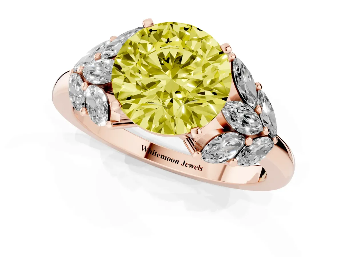 Fancy Yellow Round Cut Diamond Cluster Leaf Design Ring with Prong Setting Rose gold