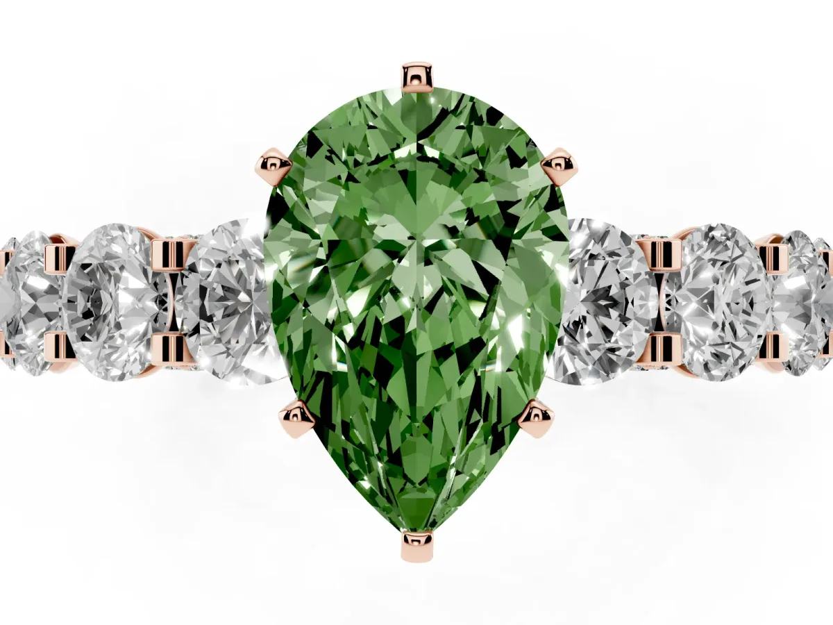 Fancy Green Pear Cut Diamond Side Stone Engagement Ring with Four-Prong Setting Rose gold