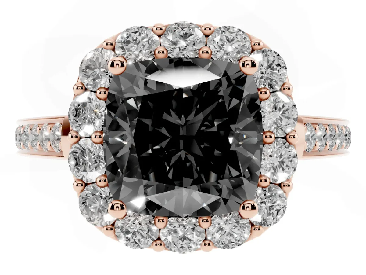 Fancy Black Cushion Cut Diamond Floral Halo Ring with Pavé Band and Prong Setting Rose gold