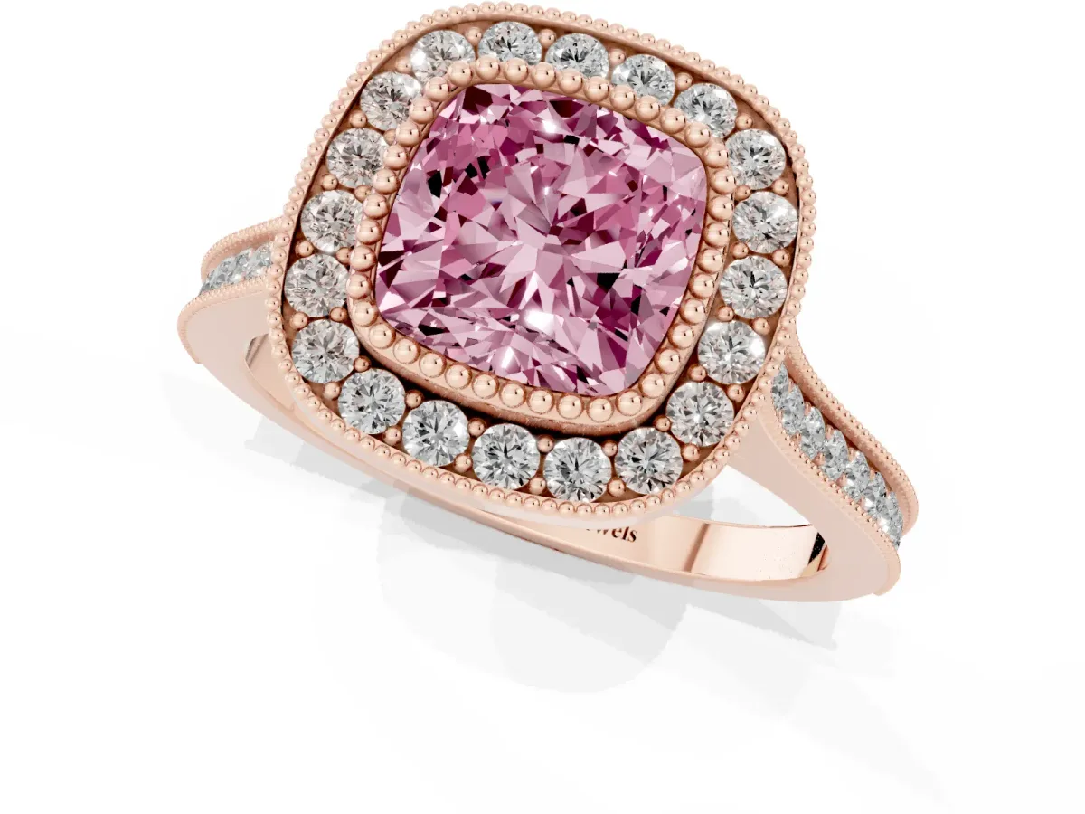 Fancy Pink Cushion Cut Diamond Halo Ring with Milgrain Frame and Pavé Band Rose gold