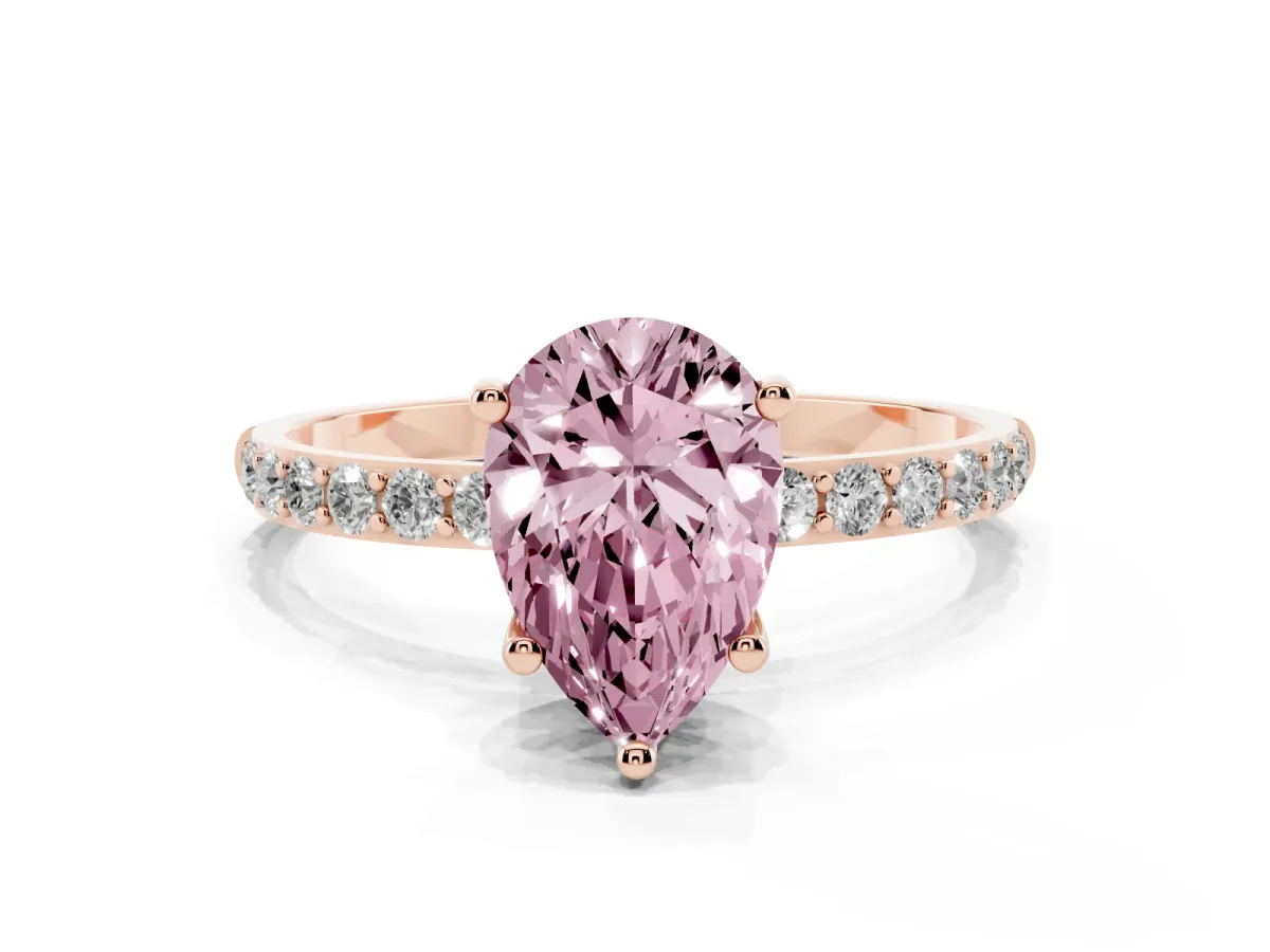Fancy Pink Pear Cut Diamond Solitaire Ring with Round Pavé Shoulders and Prong Setting Rose gold