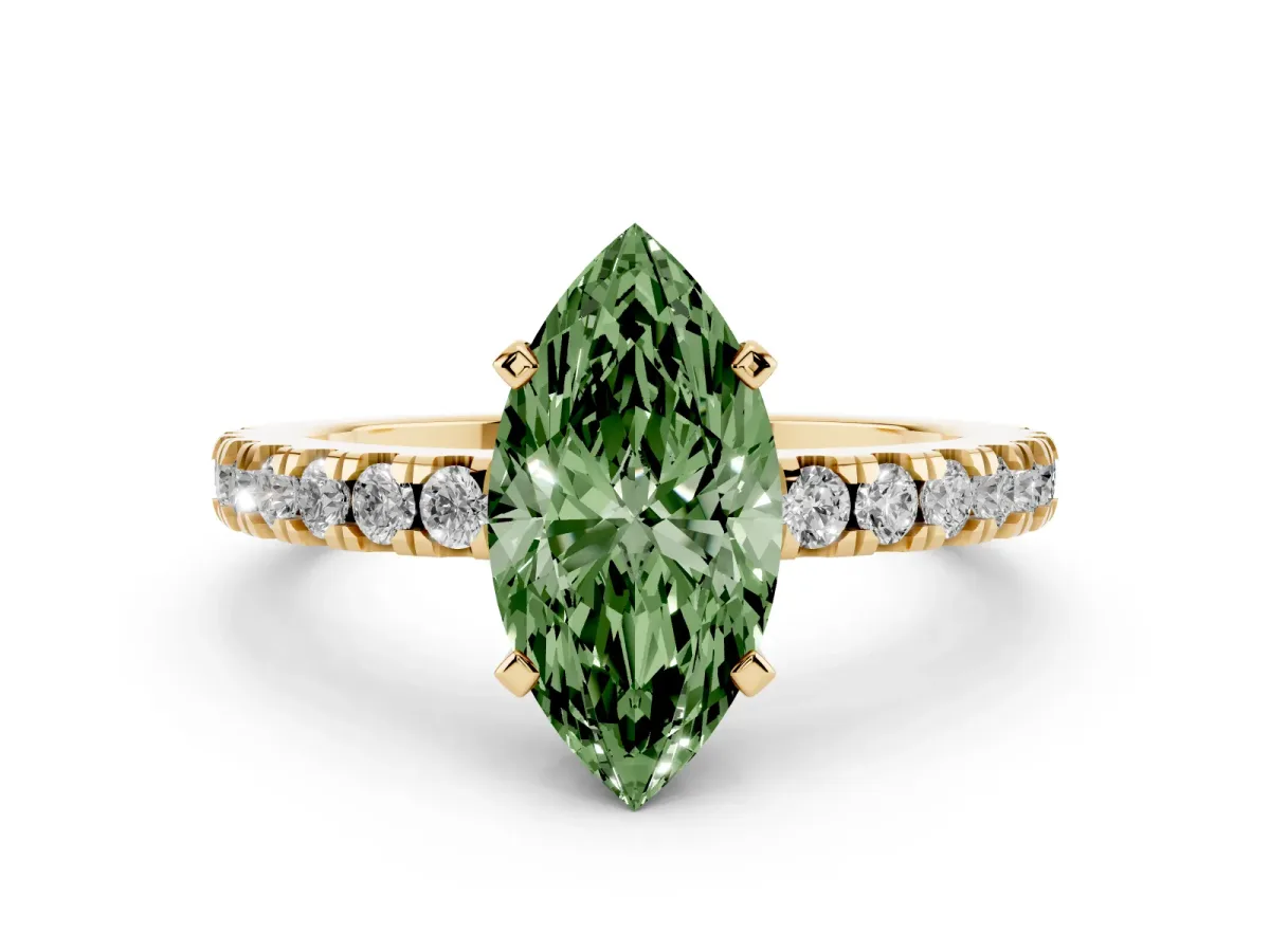Fancy Green Marquise Cut Solitaire Diamond with Pavé Band and Four-Prong Setting Yellow gold