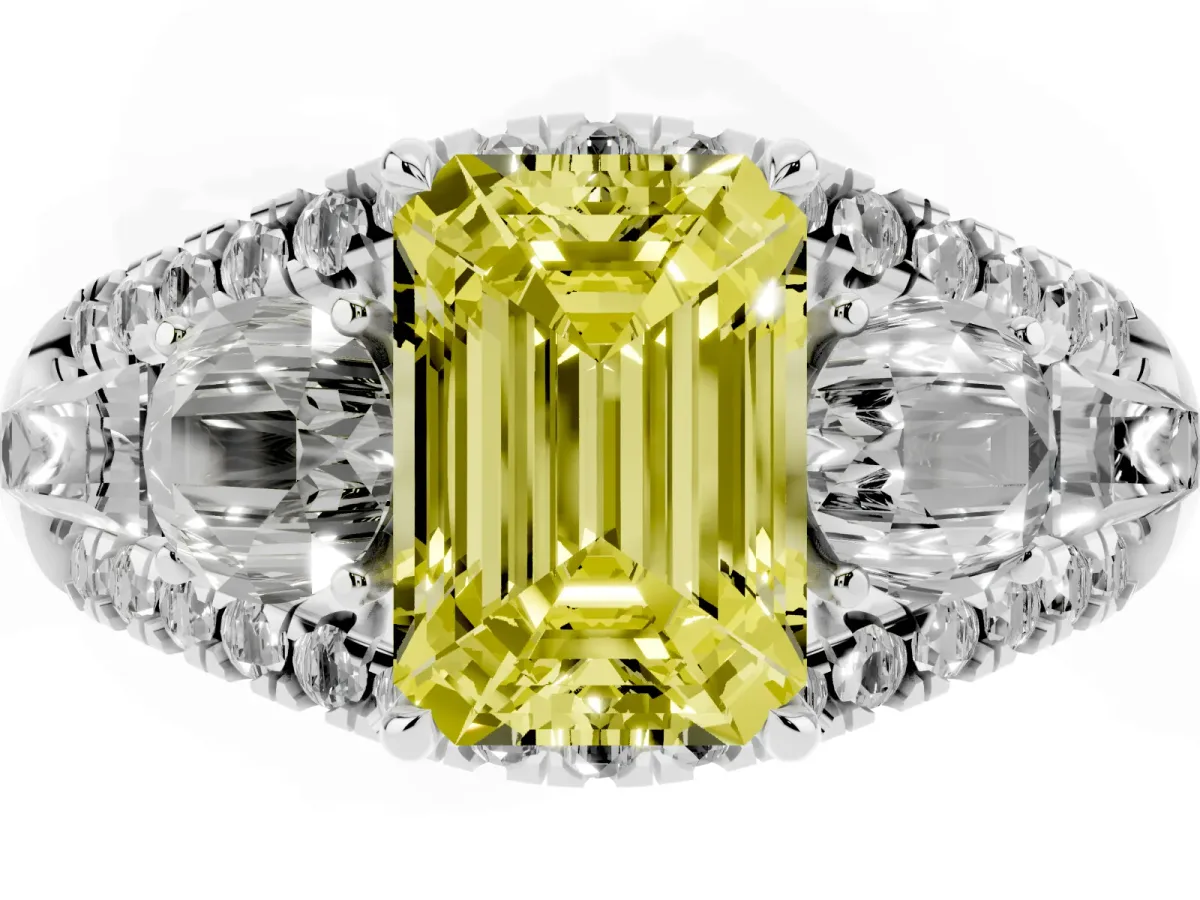 Fancy Yellow Three-Stone Emerald Cut Diamond Engagement Ring with Pave Band and Prong Setting Silver