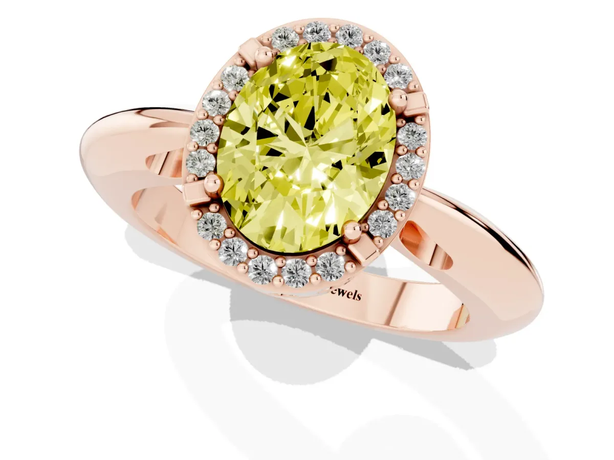 Fancy Yellow Oval Cut Cut Diamond Halo Engagement Ring with Split Shank and Four-Prong Setting Rose gold