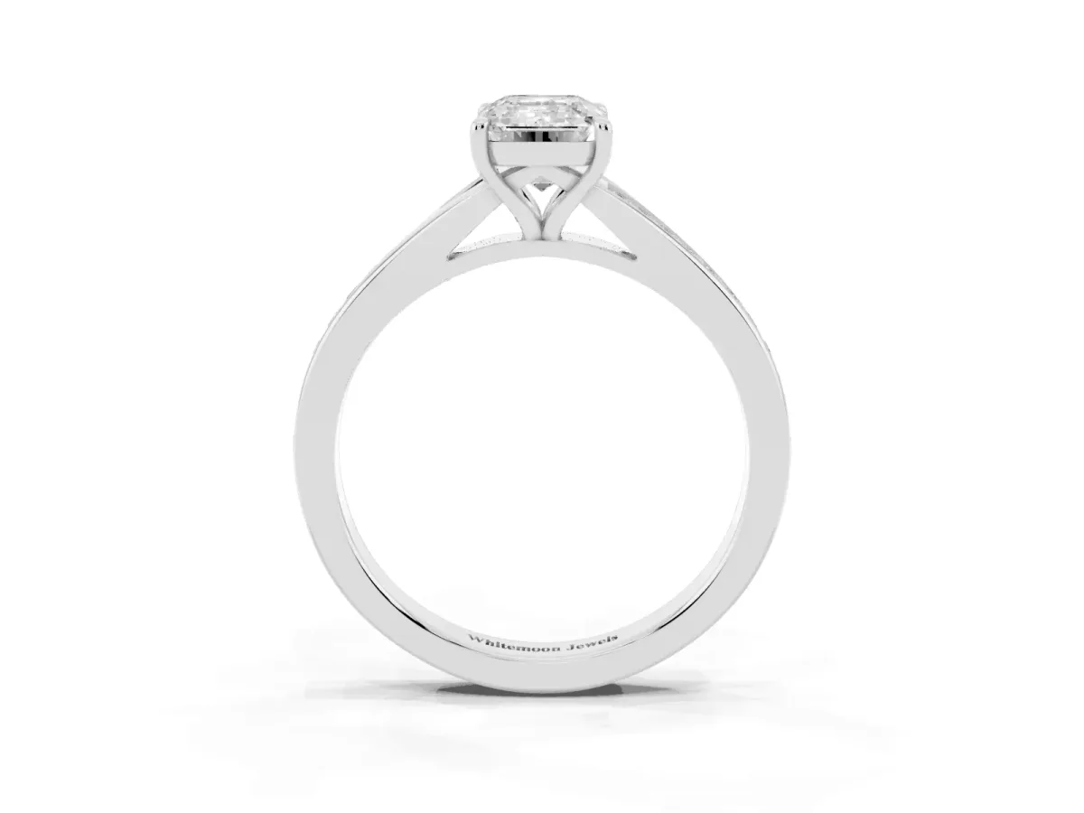 Emerald Cut Diamond Solitaire Ring with Pavé Band and Prong Setting Silver