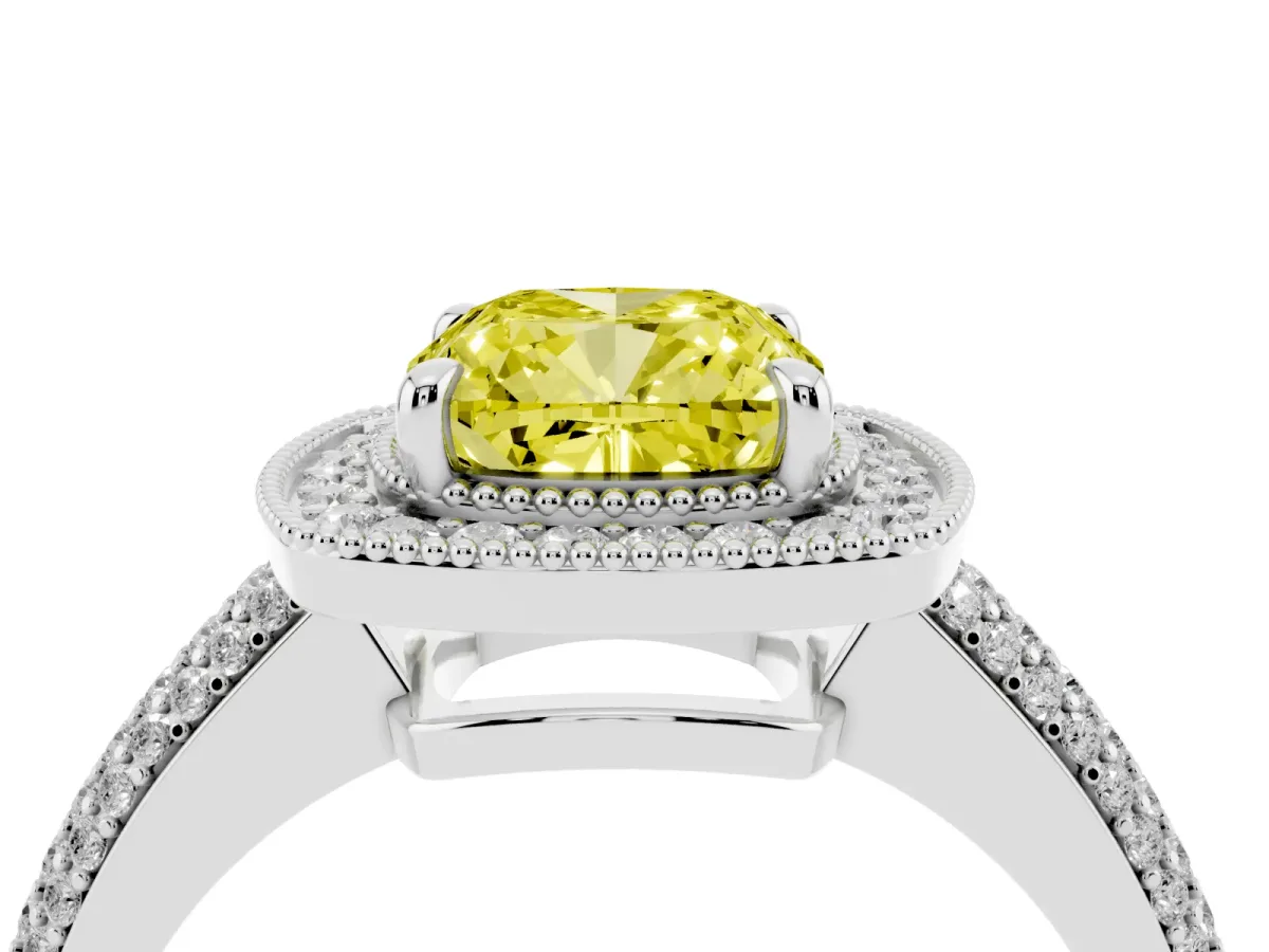 Fancy Yellow Cushion Cut Cut Halo Diamond Pave Band with Four-Prong Setting Platinum