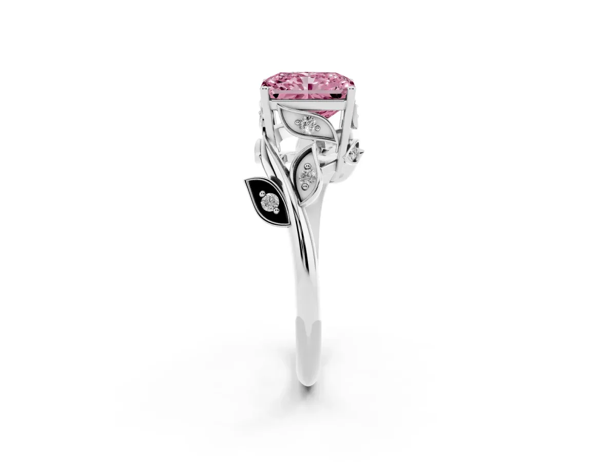 Fancy Pink Radiant Cut Solitaire Twist Engagement Ring with Leaf Accents and Prong Setting White gold