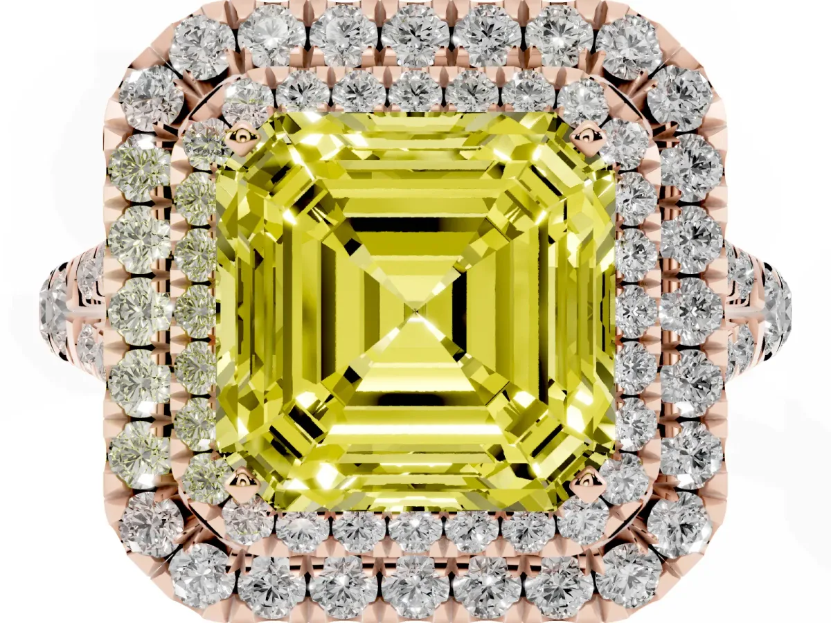 Fancy Yellow Asscher Cut Cut Double Halo Split Shank Diamond Ring with Prong Setting Rose gold