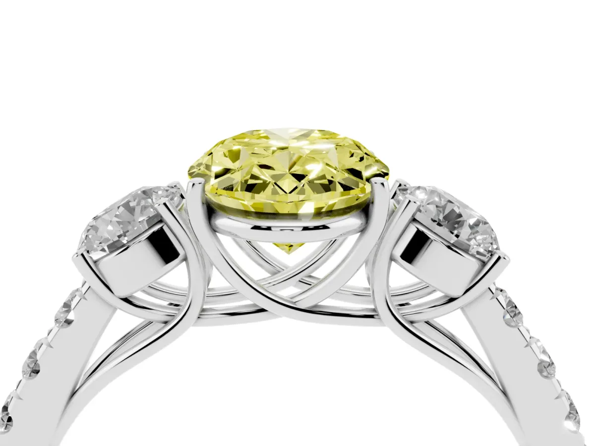 Fancy Yellow Oval Cut Cut Diamond Three-Stone Ring with Round Side Stones and Pavé Band Silver