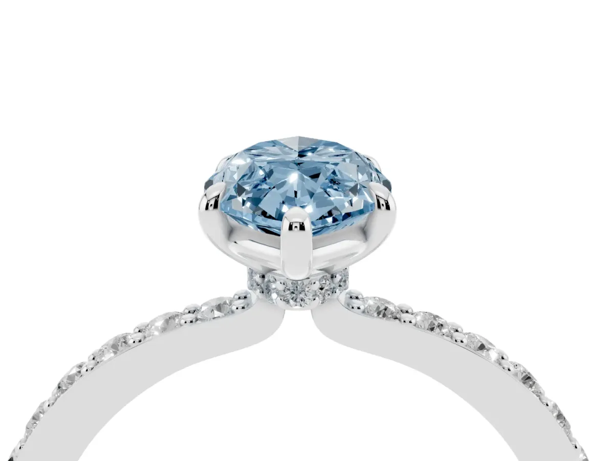 Fancy Blue Marquise Cut Diamond Pavé Engagement Ring with Round Accents and Prong Setting White gold