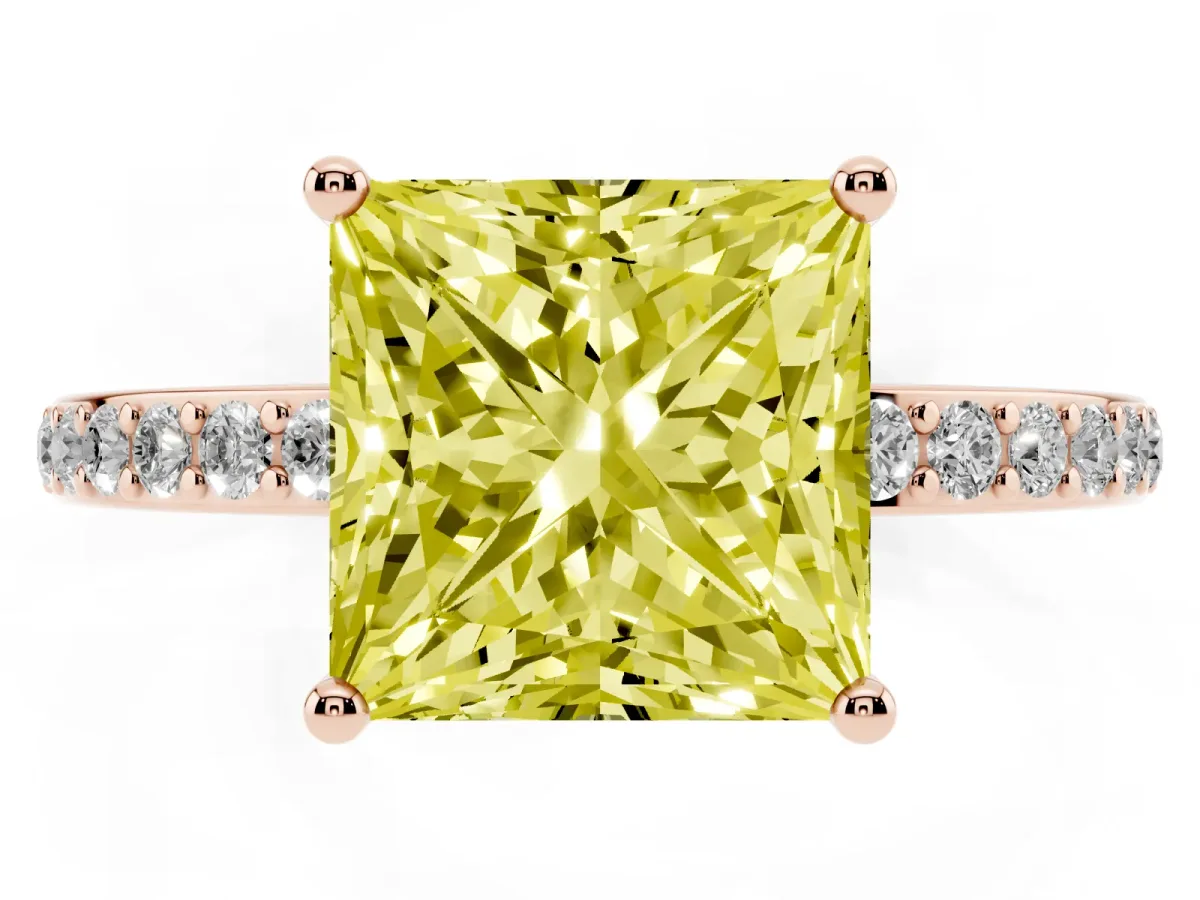 Fancy Yellow Princess Cut Cut Diamond Pavé Band Ring with Four-Prong Setting Rose gold