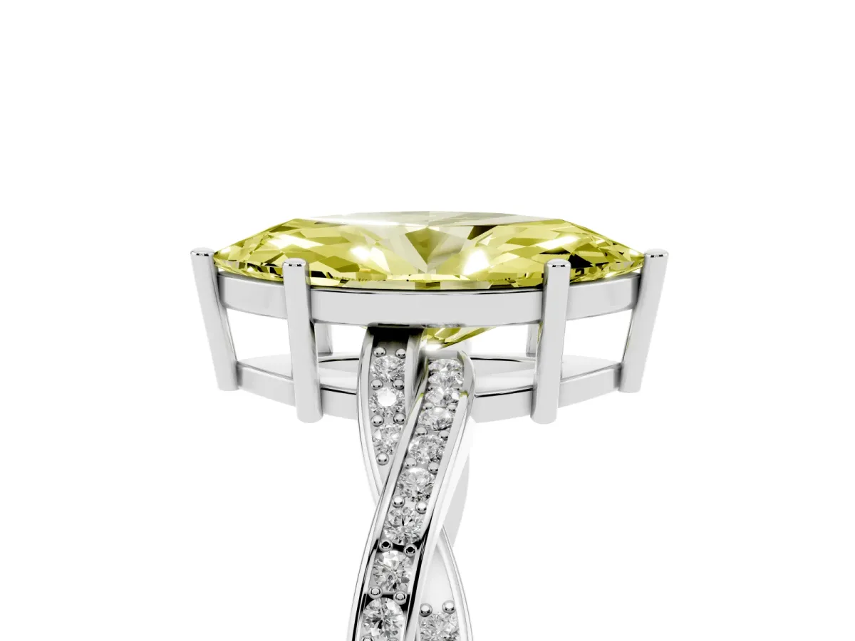 Fancy Yellow Marquise Cut Solitaire Twisted Pave Diamond Ring with Four-Prong Setting White gold