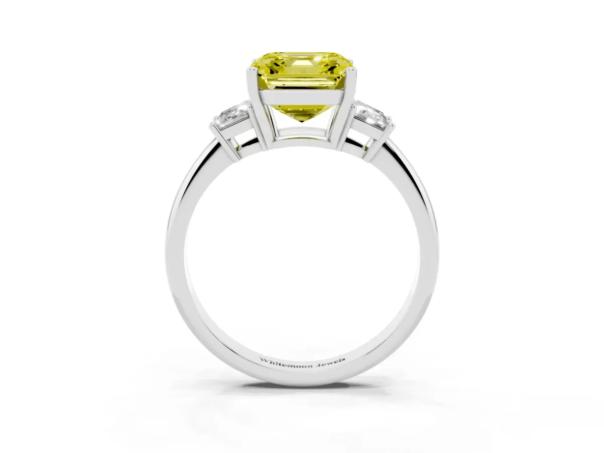 Fancy Yellow Asscher Cut Diamond Three-Stone Ring with Trapezoid Side Stones and Prong Setting Platinum