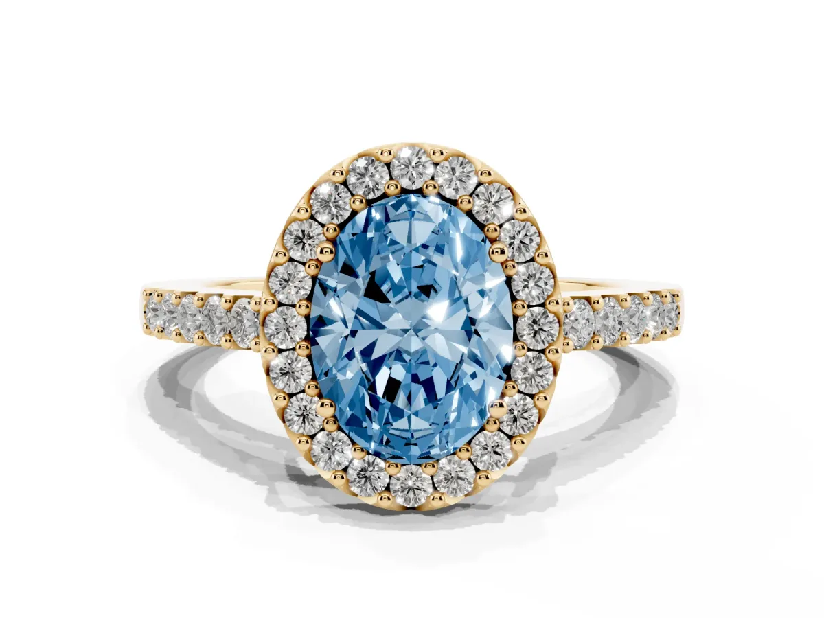 Fancy Blue Oval Cut Halo Diamond Pavé Solitaire Ring Yellow gold