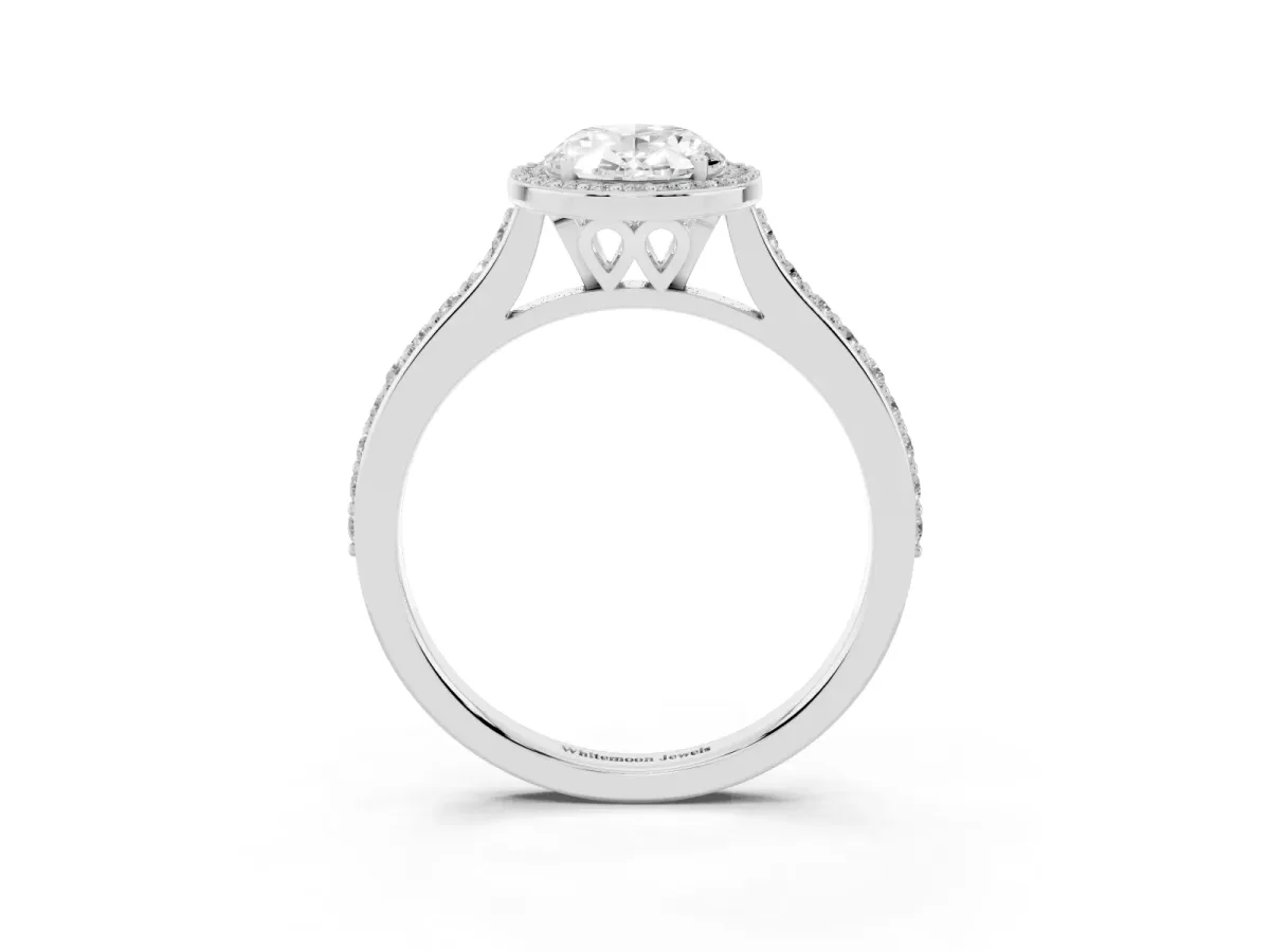 Oval Cut Diamond Halo Engagement Ring with Round Pavé Shoulders and Prong Setting Silver