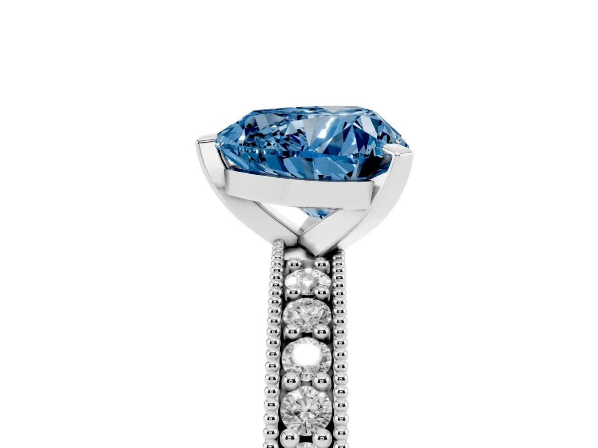 Fancy Blue Heart Cut Diamond Milgrain Pavé Engagement Ring with Four-Prong Setting Silver