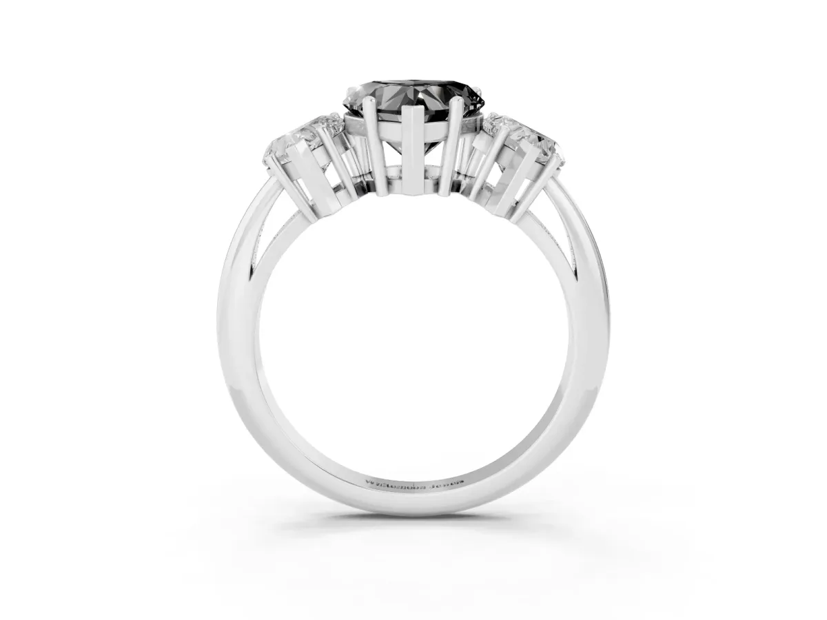 Fancy Black Three-Stone Heart Cut Cut Diamond Engagement Ring with Prong Setting on a White Gold Band Silver