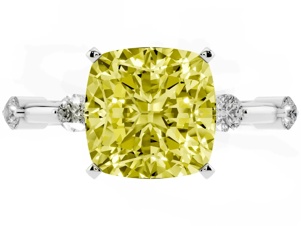 Fancy Yellow Cushion Cut Solitaire Diamond Ring with Bezel Set Side Stones and Prong Setting Silver