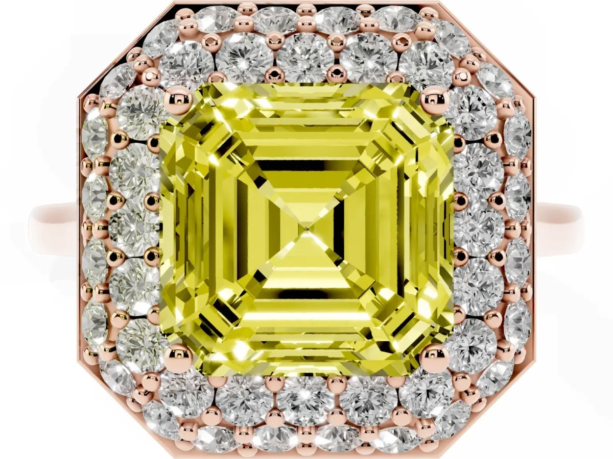 Fancy Yellow Asscher Cut Halo Diamond Engagement Ring with Solitaire Band and Four-Prong Setting Rose gold