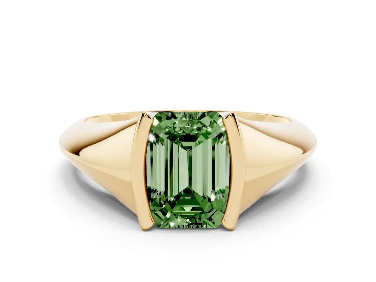Fancy Green Emerald Cut Solitaire Tension Set Diamond Ring Yellow gold