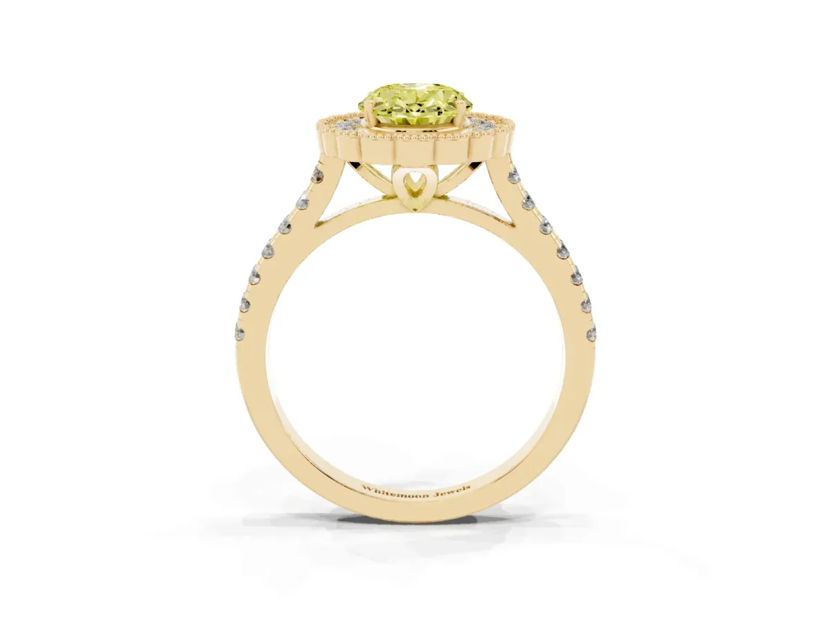 Fancy Yellow Oval Cut Cut Diamond Milgrain Floral Halo Engagement Ring with Pavé Band Yellow gold