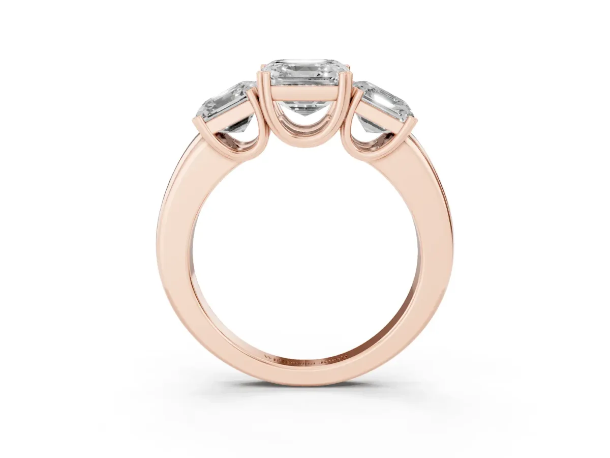 Three-Stone Asscher Cut Cut Diamond Ring with Channel Set Band and Four-Prong Setting Rose gold