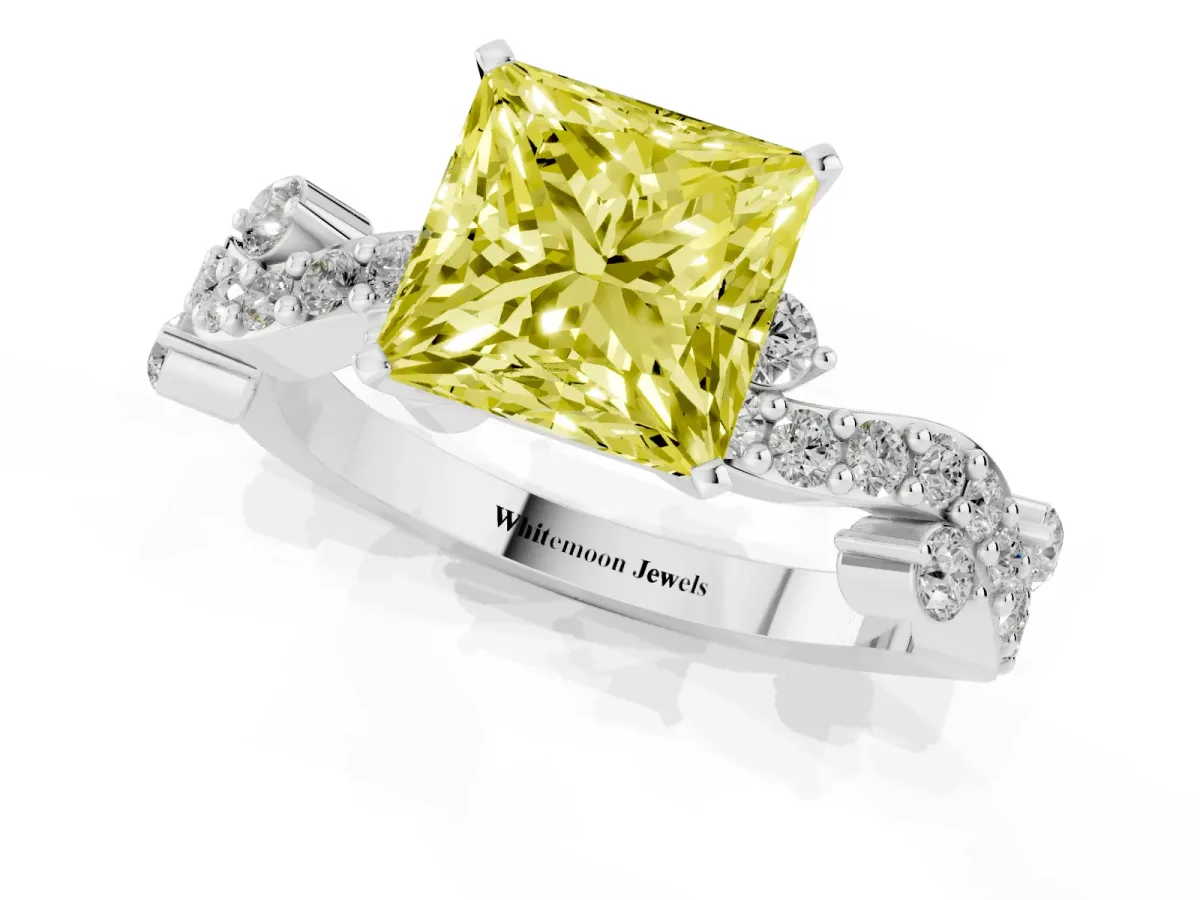 Fancy Yellow Princess Cut Cut Solitaire Diamond Twisted Band with Pave Setting Platinum