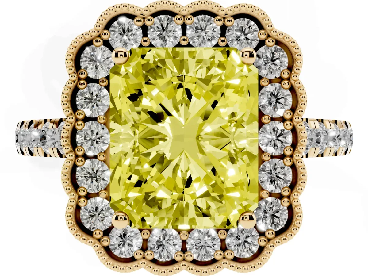 Fancy Yellow Radiant Cut Cut Diamond Milgrain Floral Halo Engagement Ring with Pavé Band Yellow gold