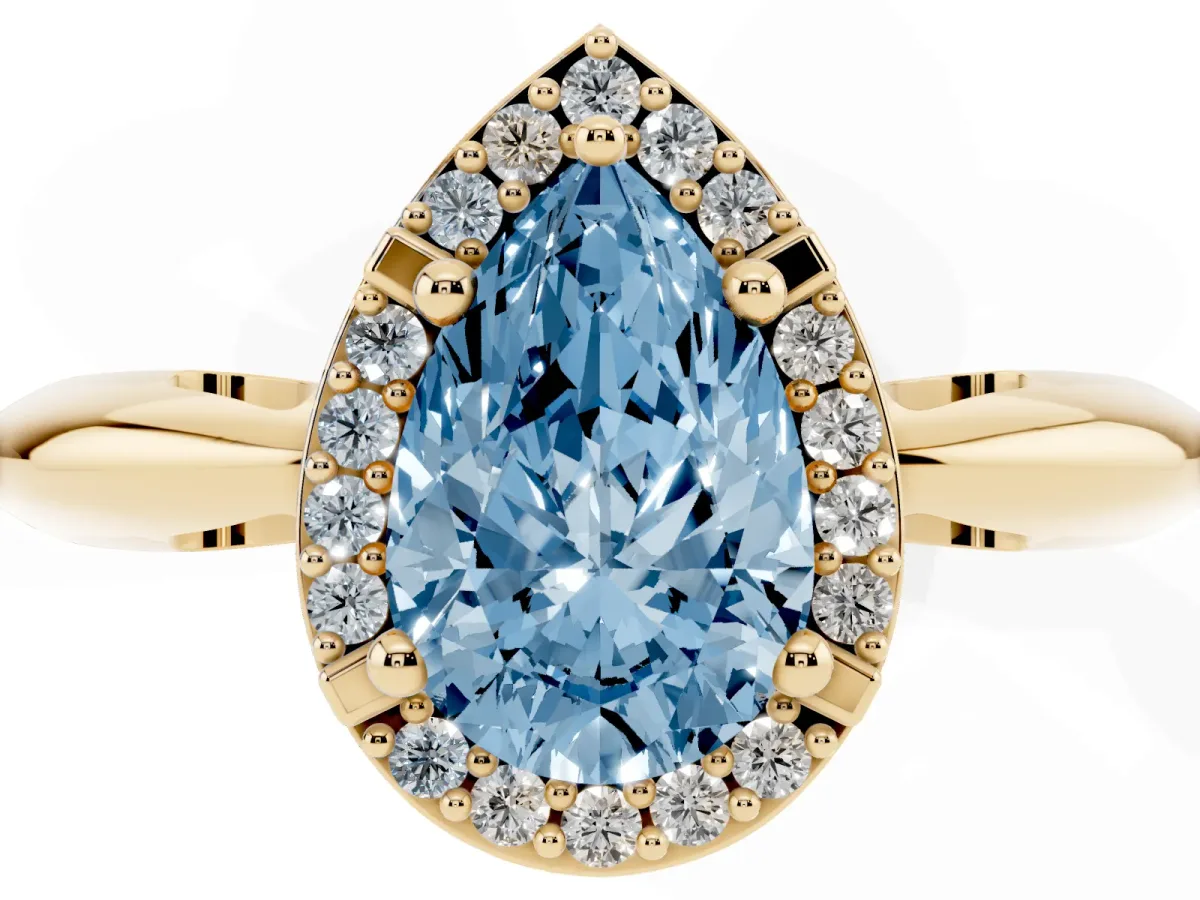 Fancy Blue Pear Cut Cut Diamond Halo Engagement Ring with Split Shank and Four-Prong Setting Yellow gold