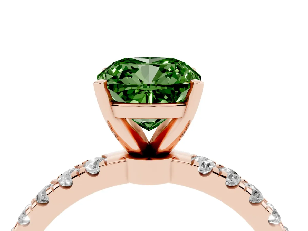 Fancy Green Cushion Cut Diamond Solitaire Ring with Pavé Accents and Four-Prong Setting Rose gold