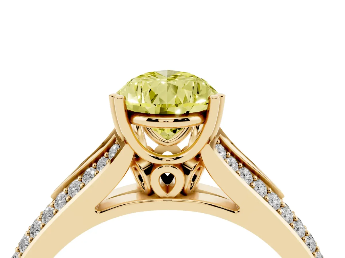 Fancy Yellow Pear Cut Diamond Split Shank Engagement Ring with Pavé Band Yellow gold