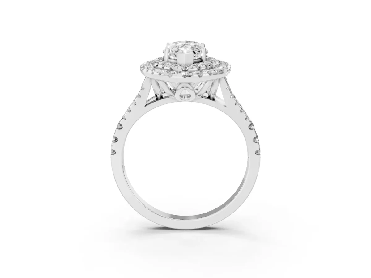 Double Halo Marquise Cut Diamond Pavé Split Shank Ring with Prong Setting Silver
