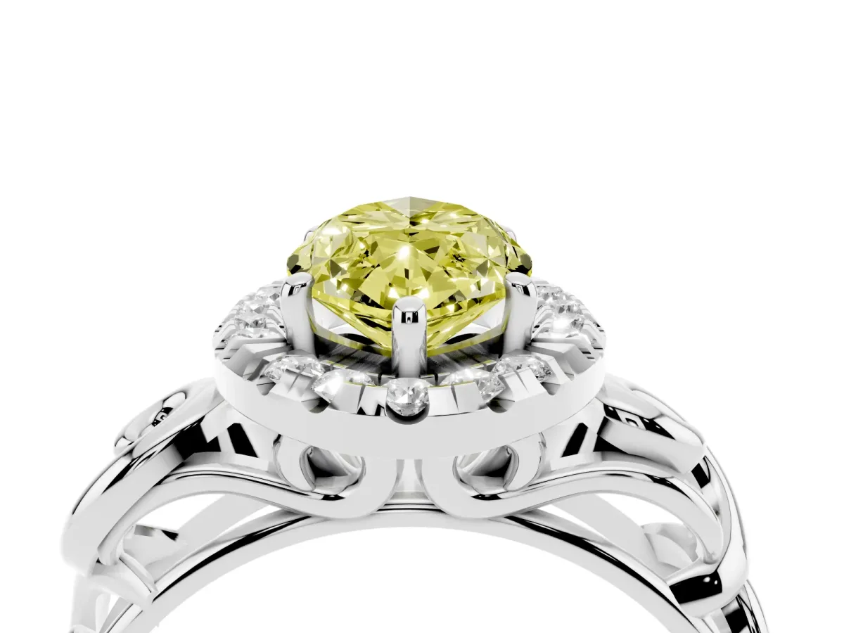 Fancy Yellow Marquise Cut Cut Halo Diamond Ring with Scrollwork Band and Four-Prong Setting Silver