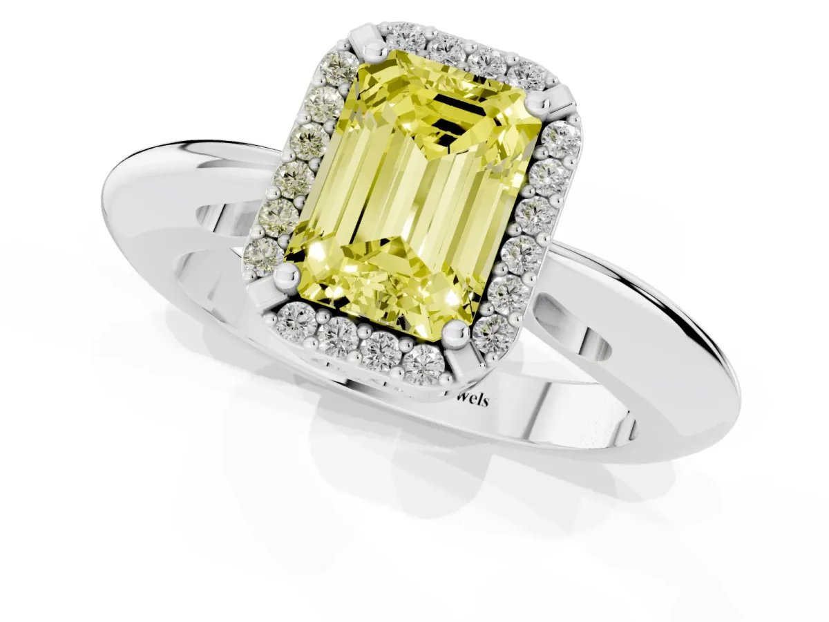 Fancy Yellow Emerald Cut Cut Diamond Halo Engagement Ring with Split Shank and Four-Prong Setting Platinum