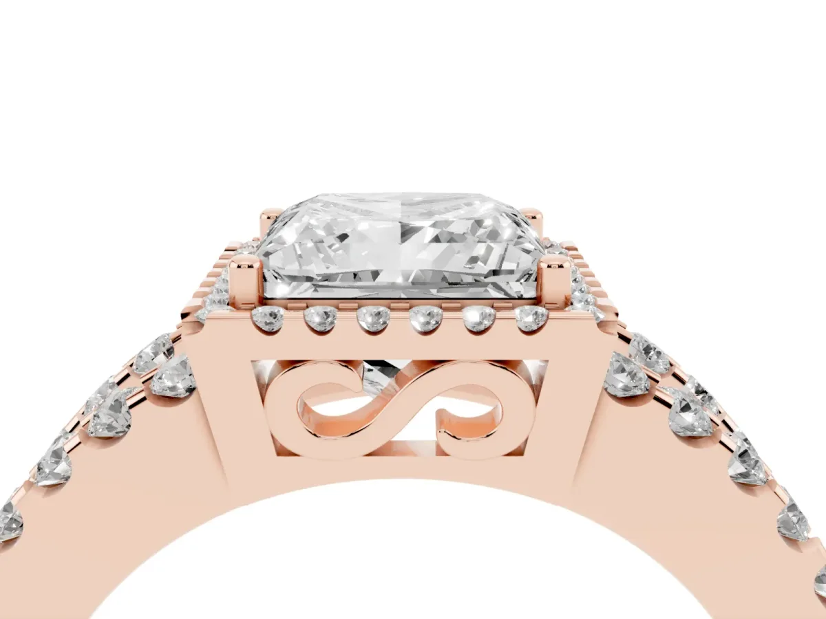Princess Cut Cut Halo Split Shank Diamond Ring with Four-Prong Setting Rose gold