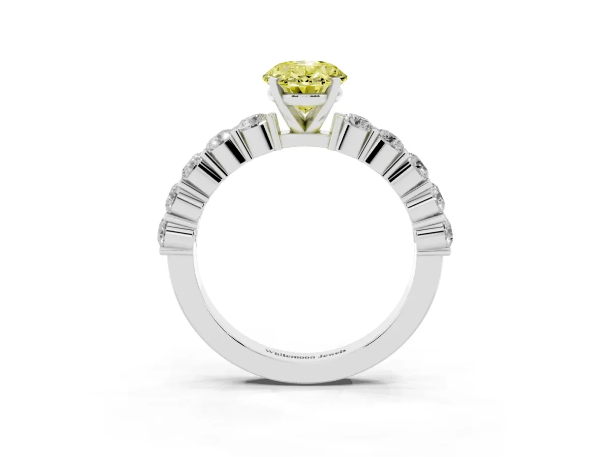 Fancy Yellow Oval Cut Diamond Solitaire Ring with Shared Prong Round Side Stones Silver