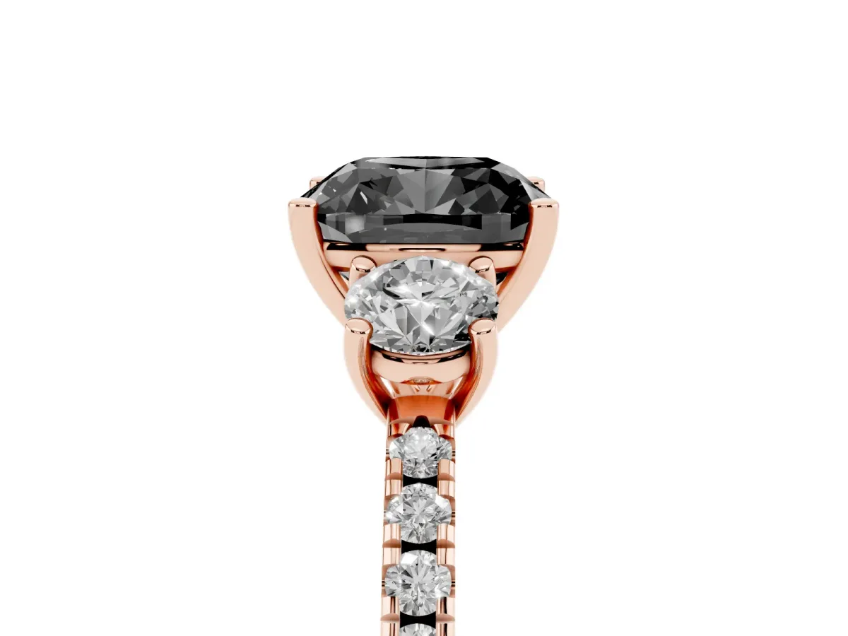 Fancy Black Three-Stone Cushion Cut Cut Diamond Pavé Band with Prong Setting Rose gold