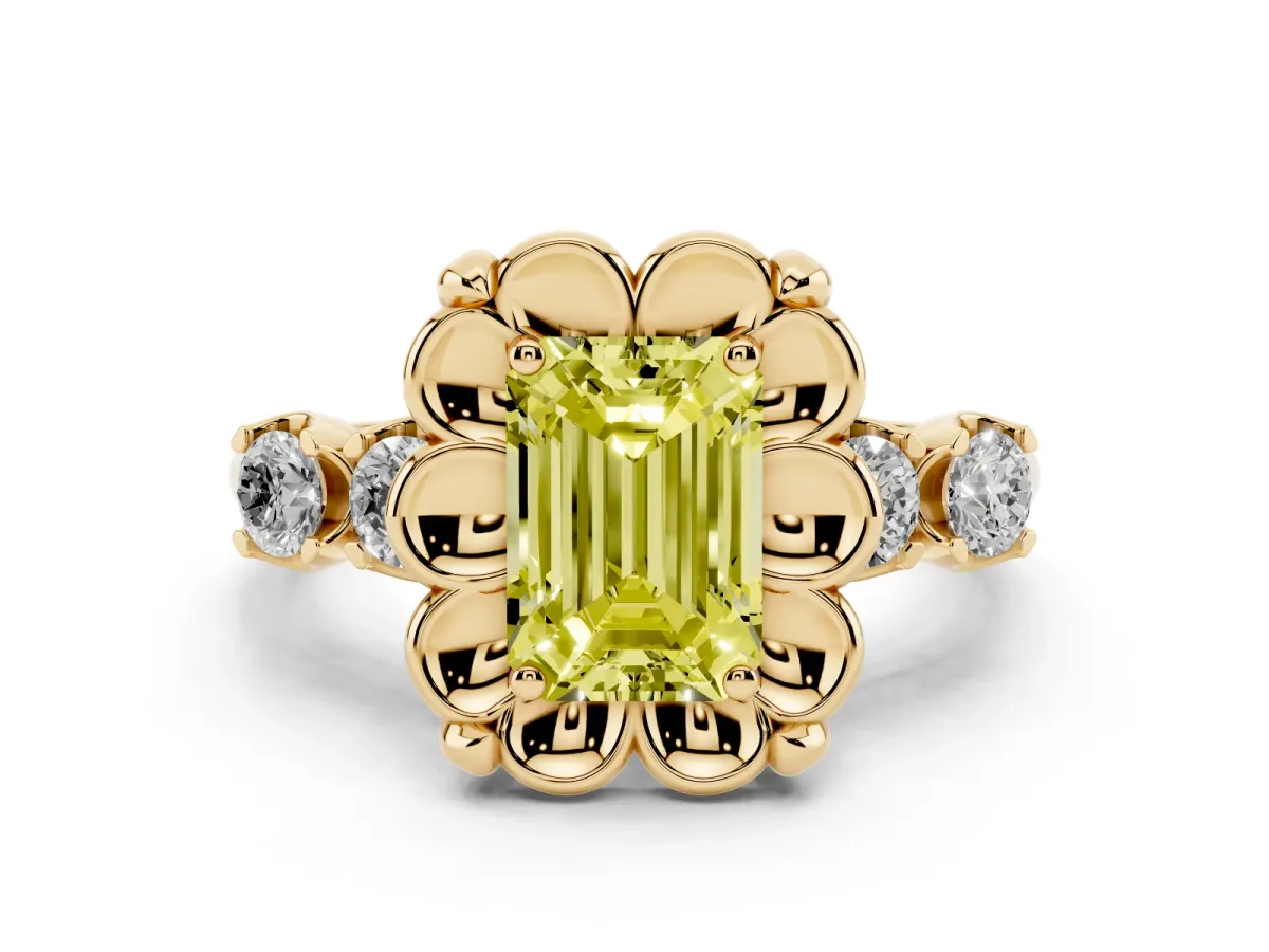 Fancy Yellow Emerald Cut Cut Diamond Floral Halo Engagement Ring with Shared Prong Setting Yellow gold
