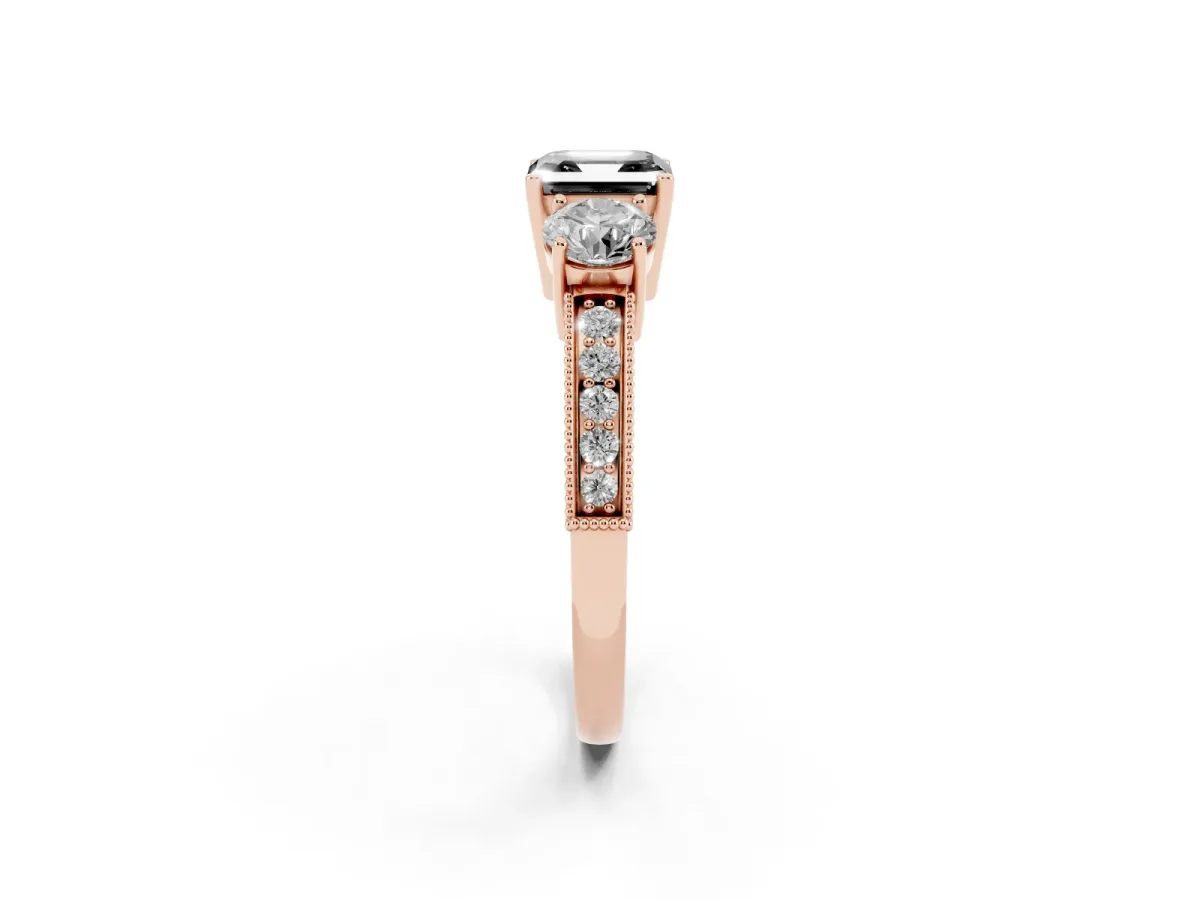 Fancy Black Asscher Cut Three-Stone Diamond Ring with Pavé Band and Four-Prong Setting Rose gold
