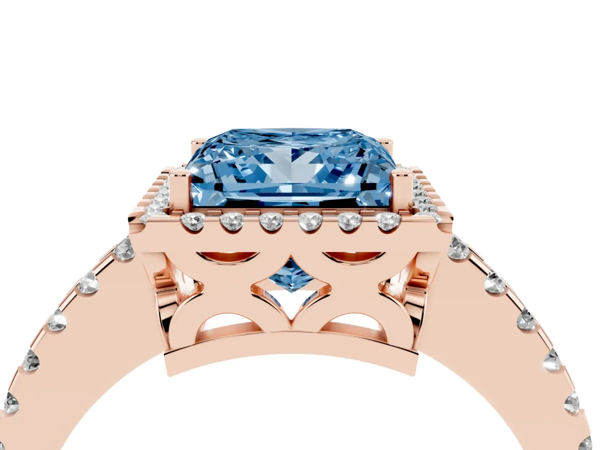 Fancy Blue Princess Cut Diamond Halo Engagement Ring with Pavé Band and Prong Setting Rose gold