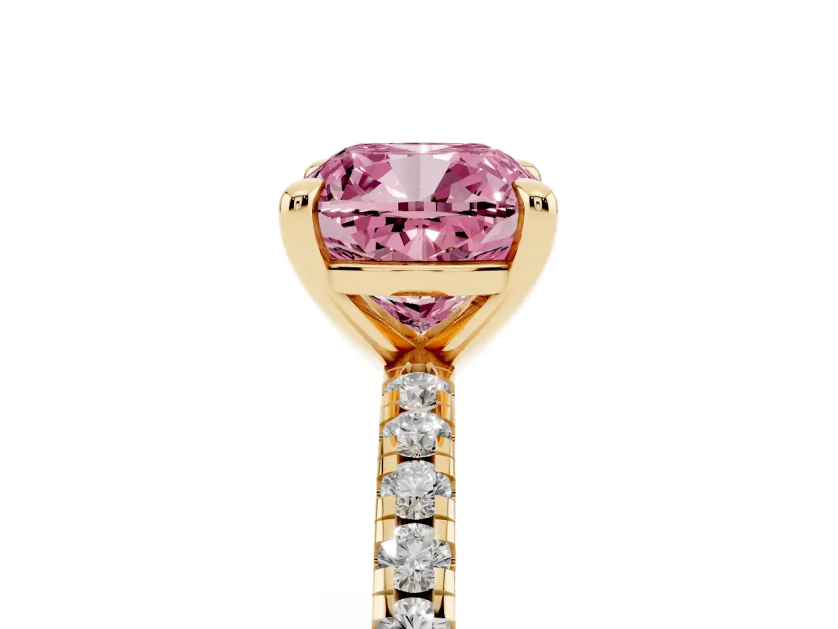 Fancy Pink Cushion Cut Diamond Brilliant Solitaire Ring with Pavé Band and Four-Prong Setting Yellow gold