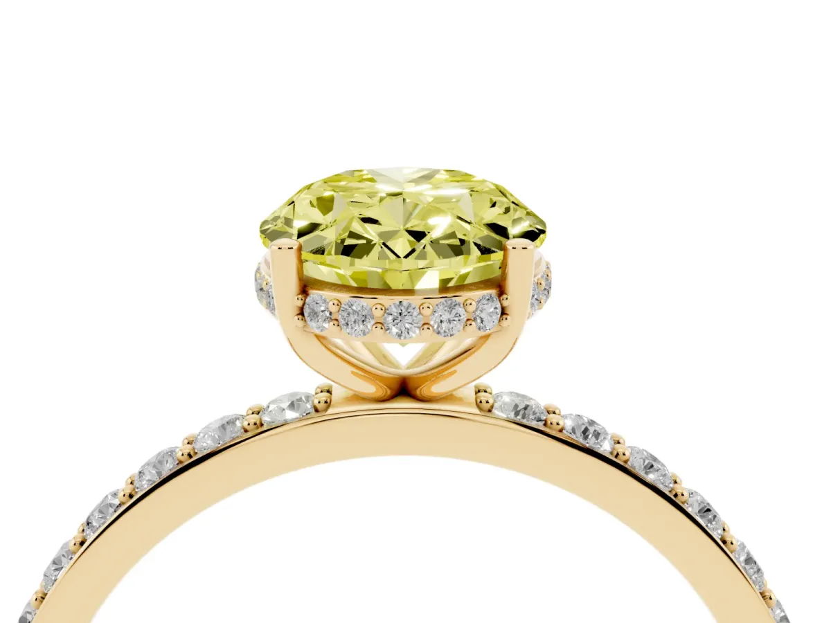 Fancy Yellow Oval Cut Diamond Solitaire Ring with Pavé Band and Hidden Halo Yellow gold